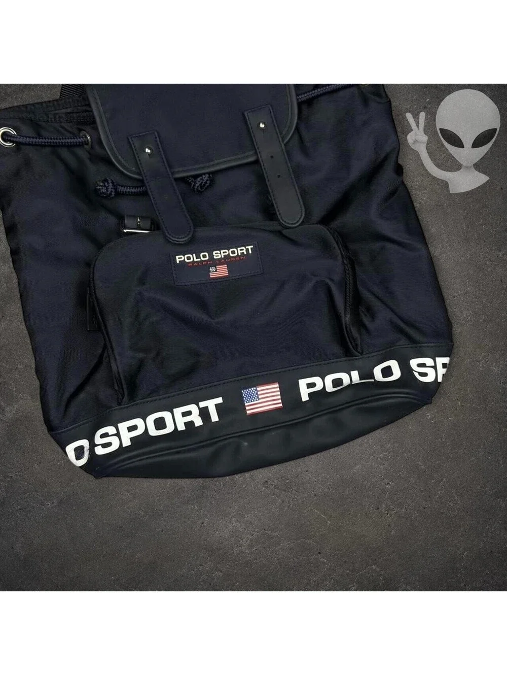 Vintage Polo Sport Ralph Lauren Black Nylon Drawstring Backpack Bag 90s